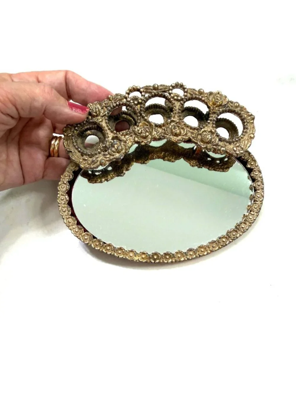 1950s/60s Hollywood Regency gold vanity tray with lipstick holder